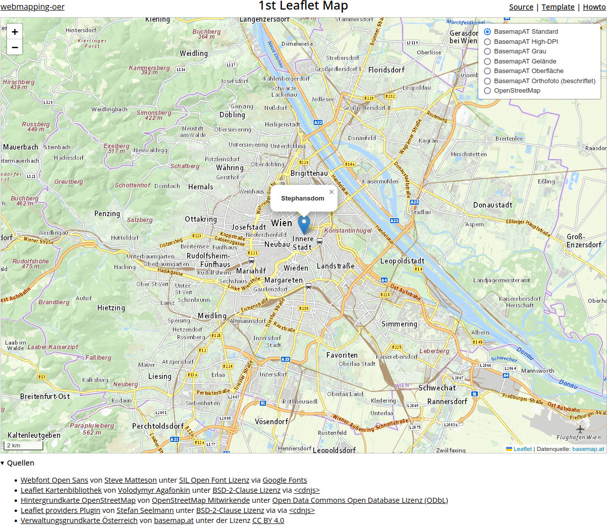 Fertige Karte mit basemap.at Standard-Layer und auswahlmenü für alle Hintergrundlayer Rechts Oben