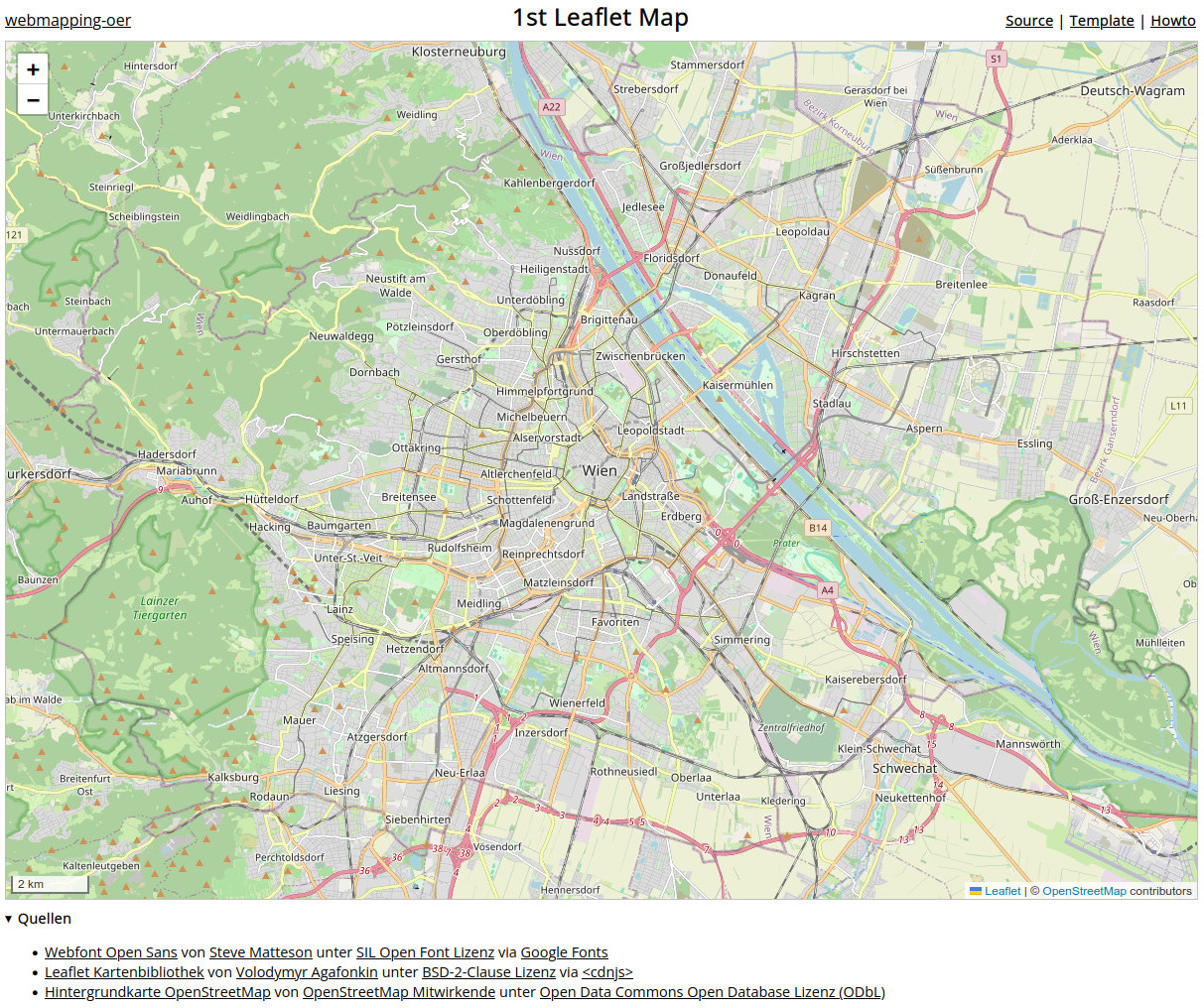 HTML-Seite mit OpenStreetMap-Karte für das Stadtgebiet von Wien