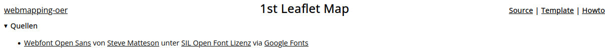 HTML-Seite mit Überschrift 1st Leaflet Map und Links im Header-Bereich, sowie einem Footer mit Links zu Quellen